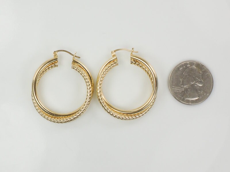 Vintage Large 14k Yellow Gold Fancy Twist Double Hoop Earrings 1.25" Round Hoop Earrings