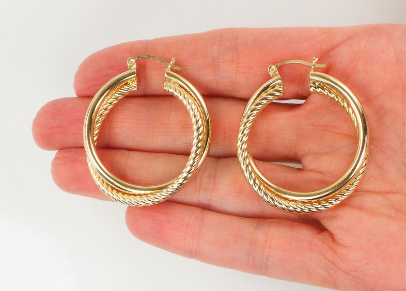 Vintage Large 14k Yellow Gold Fancy Twist Double Hoop Earrings 1.25" Round Hoop Earrings