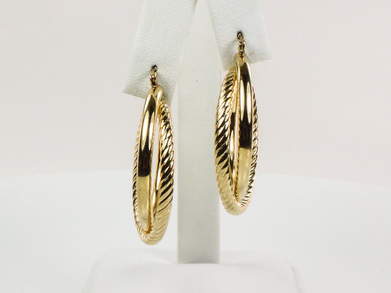 Vintage Large 14k Yellow Gold Fancy Twist Double Hoop Earrings 1.25" Round Hoop Earrings
