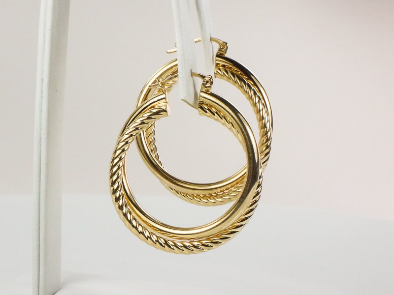Vintage Large 14k Yellow Gold Fancy Twist Double Hoop Earrings 1.25" Round Hoop Earrings