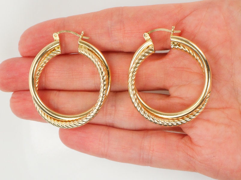 Vintage 14k Yellow Gold Twist Hoop Earrings: Large Double Hoops