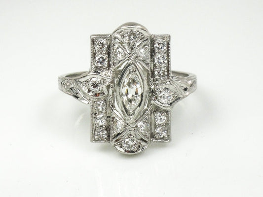 Vintage Platinum Marquise Natural Diamond Cocktail Ring Art Deco 1930's Panel Ring Size 7
