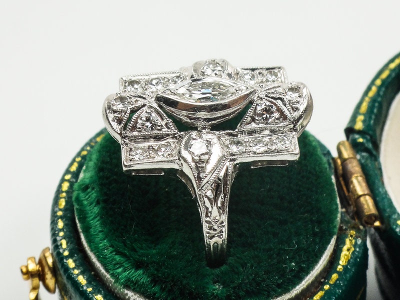 Vintage Platinum Marquise Natural Diamond Cocktail Ring Art Deco 1930's Panel Ring Size 7