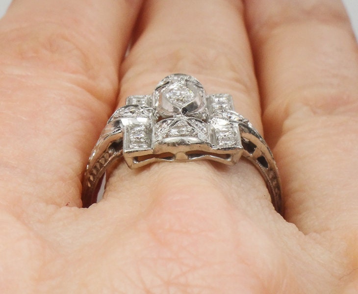 Vintage Platinum Marquise Natural Diamond Cocktail Ring Art Deco 1930's Panel Ring Size 7