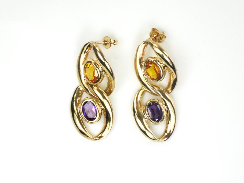 Vintage Large 14k Gold Purple and Yellow Sapphire Dangle Earrings
