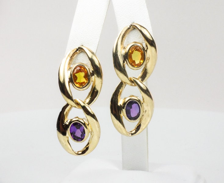 Vintage Large 14k Gold Purple and Yellow Sapphire Dangle Earrings