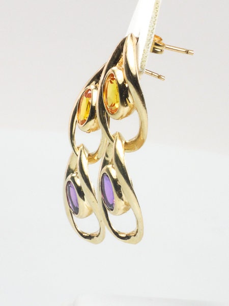 Vintage Large 14k Gold Purple and Yellow Sapphire Dangle Earrings