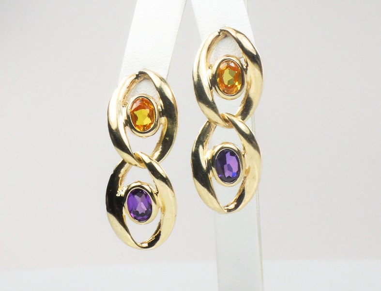 Vintage Large 14k Gold Purple and Yellow Sapphire Dangle Earrings
