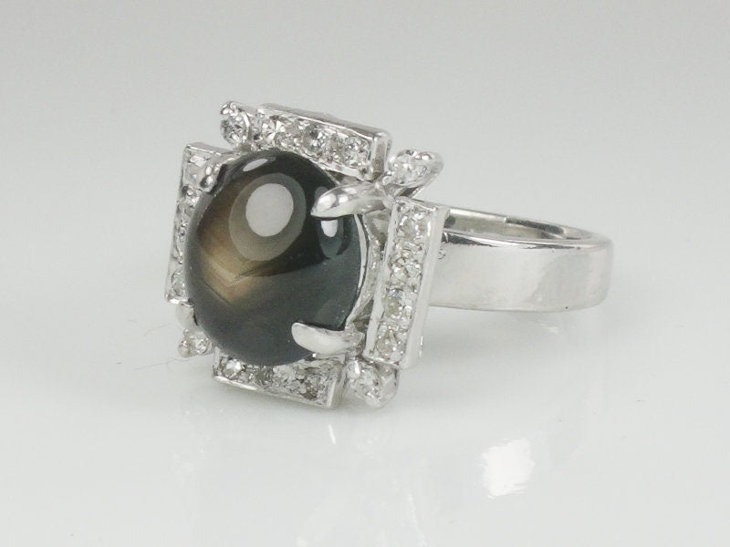 Vintage Platinum Natural Black Star Sapphire and Diamond Ring