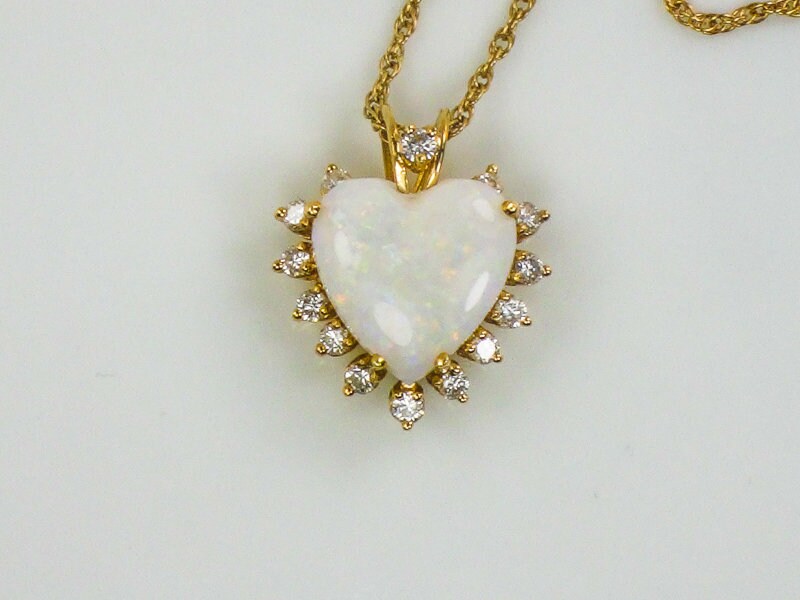 Vintage 14k Yellow Gold Natural Opal and Diamond Heart Pendant Necklace, October Birthstone 16"