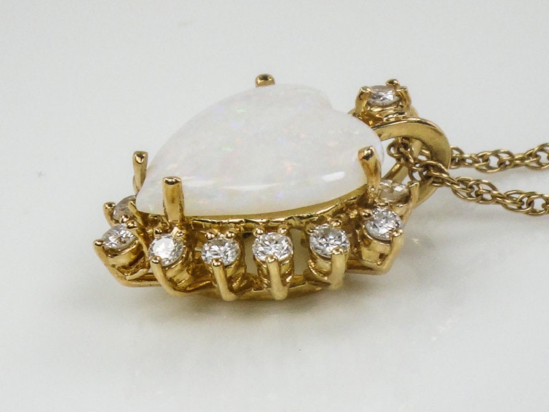Vintage 14k Yellow Gold Natural Opal and Diamond Heart Pendant Necklace, October Birthstone 16"