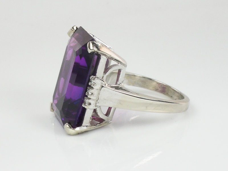 Vintage 14k White Gold Large Rectangle Cut Purple Sapphire and Diamond Ring Size 8