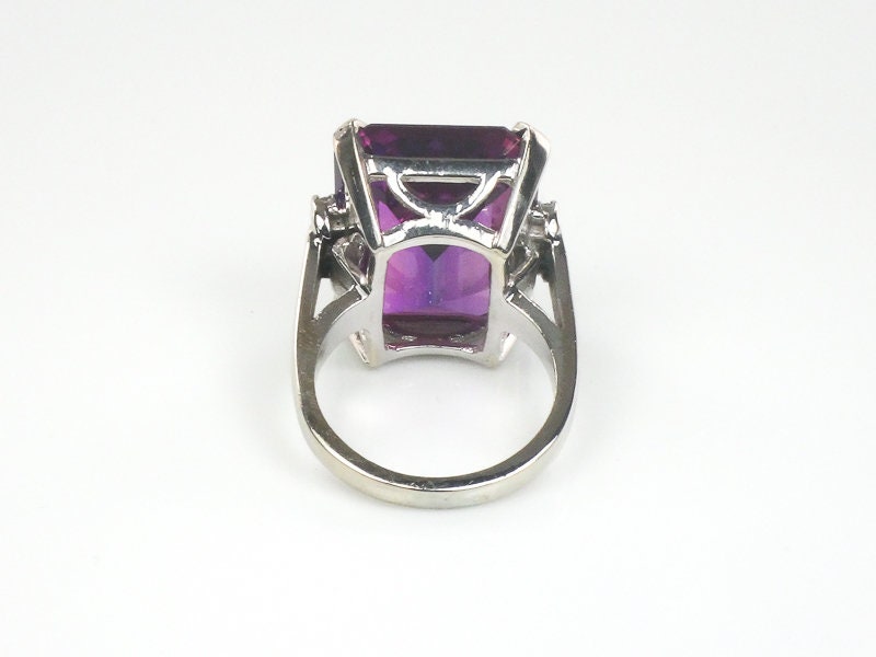 Vintage 14k White Gold Large Rectangle Cut Purple Sapphire and Diamond Ring Size 8