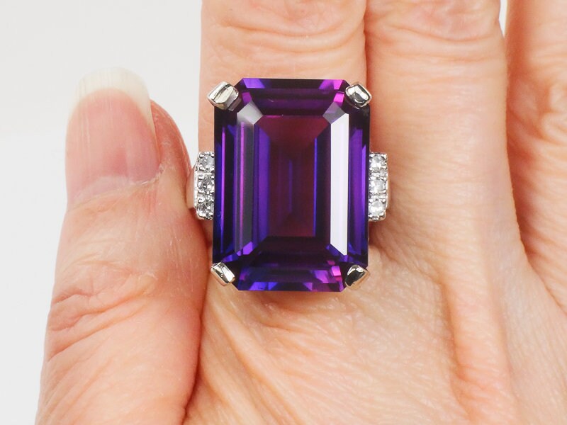 Vintage 14k White Gold Large Rectangle Cut Purple Sapphire and Diamond Ring Size 8