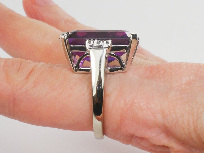 Vintage 14k White Gold Large Rectangle Cut Purple Sapphire and Diamond Ring Size 8