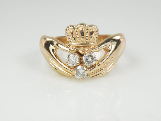 Vintage 14k Gold Natural Diamond Claddagh Ring Irish Claddagh Wedding Band Size 7