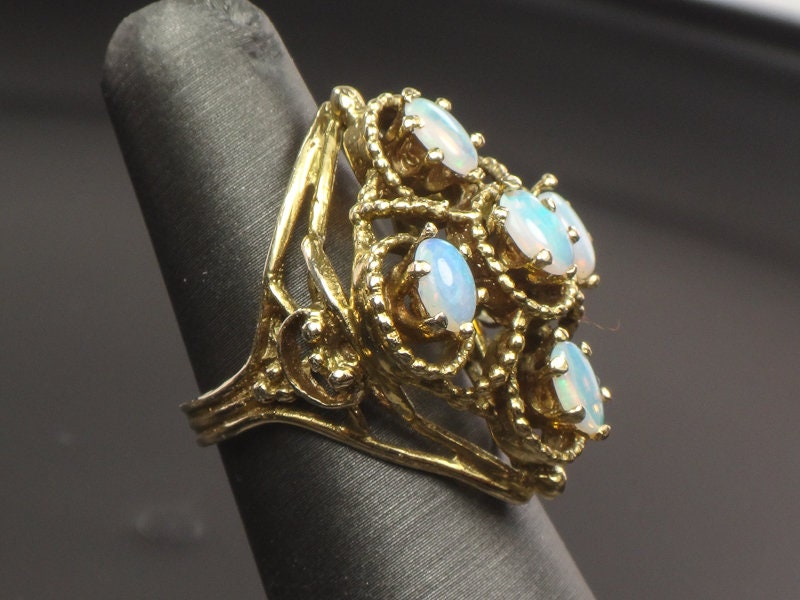 Vintage 14k Yellow Gold Natural Opal Cluster Ring, October Birthstone Size 5.5
