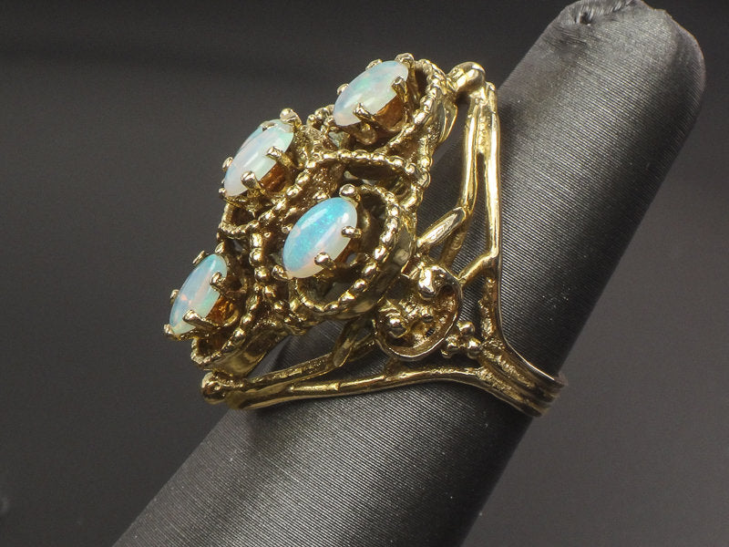 Vintage 14k Yellow Gold Natural Opal Cluster Ring, October Birthstone Size 5.5