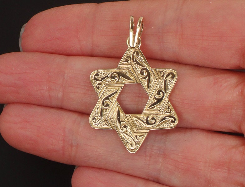Vintage Large 14k Yellow Gold Jewish Star Pendant - Unisex Double Sided Star of David Charm