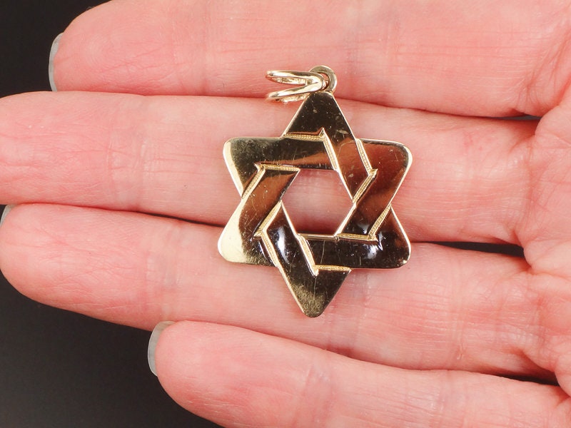 Vintage Large 14k Yellow Gold Jewish Star Pendant - Unisex Double Sided Star of David Charm