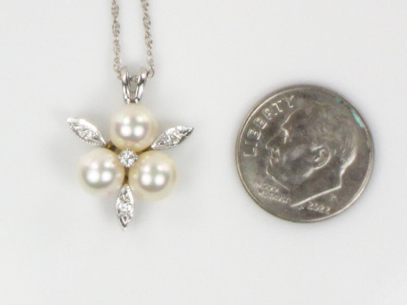 Vintage 14k White Gold Three Cultured Pearl and Diamond Pendant Necklace Trefoil Bride Necklace 16"