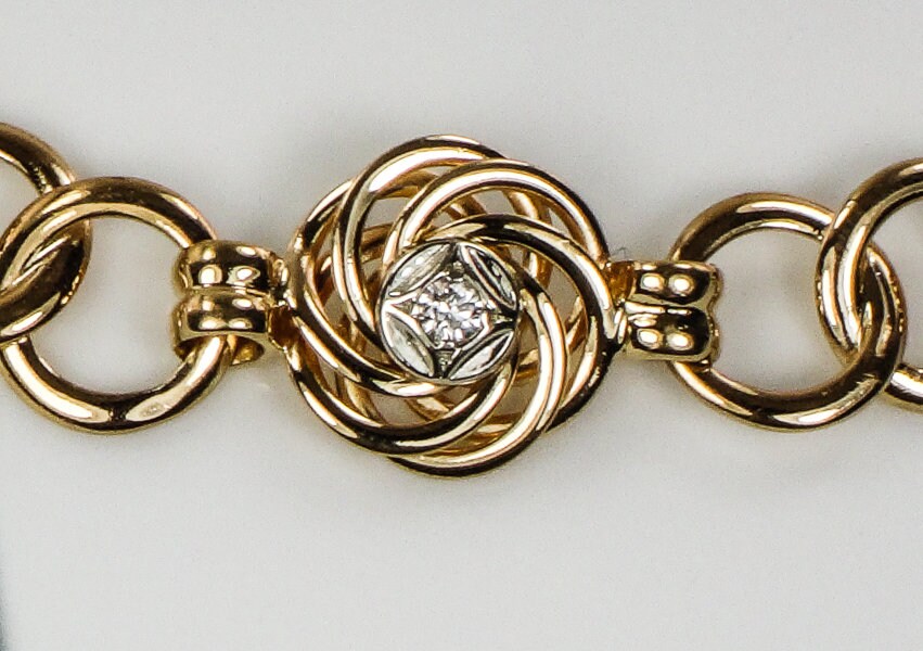 Vintage Retro 14k Yellow Gold Diamond Fancy Circle Link Bracelet 7.75"