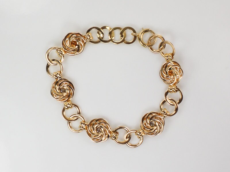Vintage Retro 14k Yellow Gold Diamond Fancy Circle Link Bracelet 7.75"