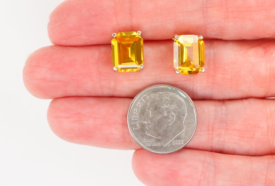 Vintage 14k Gold Rectangle Cut Yellow Sapphire Stud Earrings
