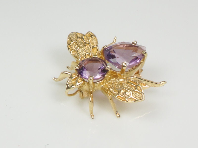 Vintage 14k Yellow Gold Natural Purple Amethyst Bee Pendant Pin February Birthstone