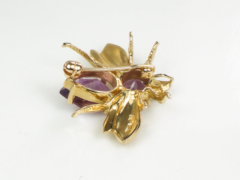 Vintage 14k Yellow Gold Natural Purple Amethyst Bee Pendant Pin February Birthstone
