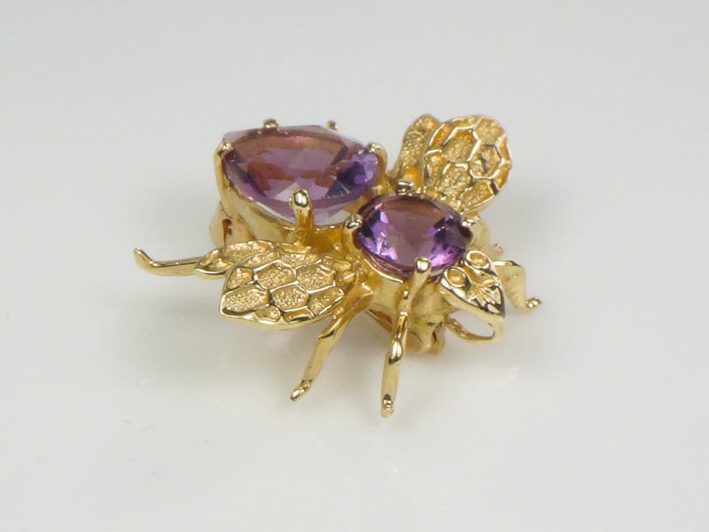 Vintage 14k Yellow Gold Natural Purple Amethyst Bee Pendant Pin February Birthstone