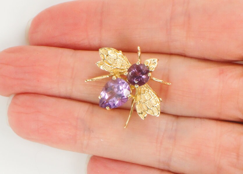 Vintage 14k Yellow Gold Natural Purple Amethyst Bee Pendant Pin February Birthstone