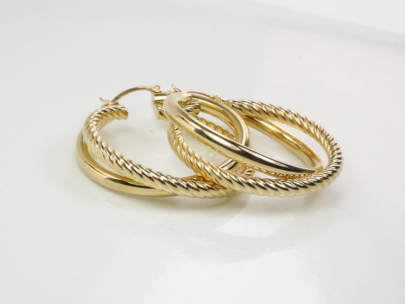Vintage Large 14k Yellow Gold Fancy Twist Double Hoop Earrings 1.25" Round Hoop Earrings