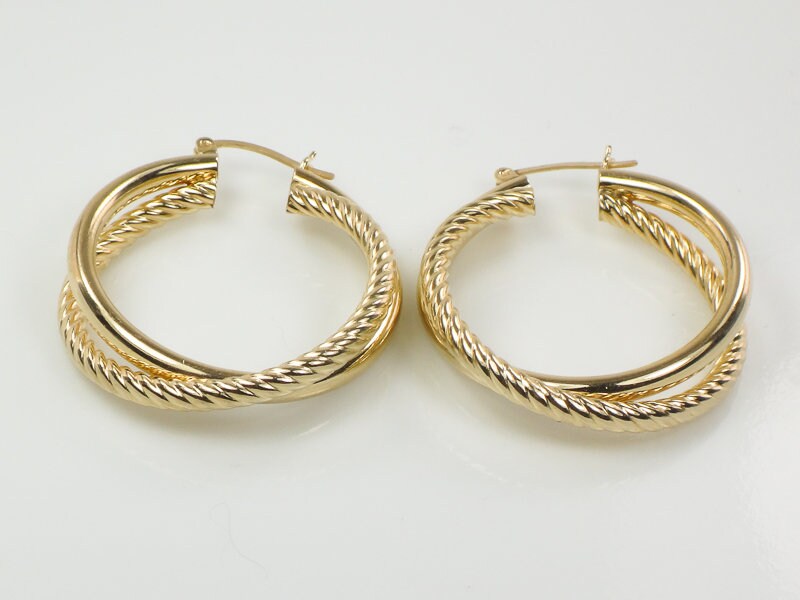 Vintage Large 14k Yellow Gold Fancy Twist Double Hoop Earrings 1.25" Round Hoop Earrings