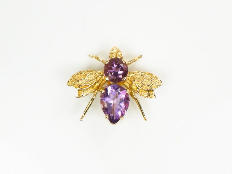 Vintage 14k Yellow Gold Natural Purple Amethyst Bee Pendant Pin February Birthstone