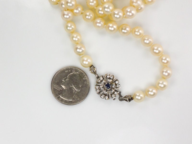 Vintage 18k White Gold Pearl Necklace: Sapphire Floral Clasp, 19" Bridal Strand