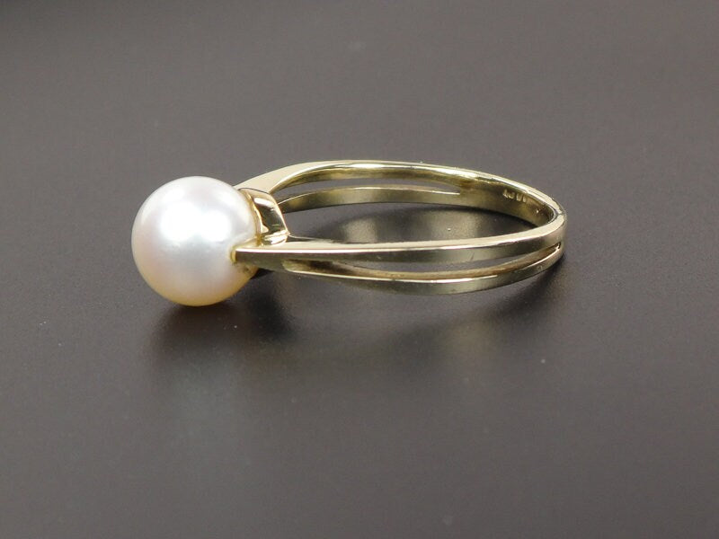 Vintage Solid 14k Yellow Gold White Cultured Pearl Ring, Modern Style June Birthstone Size 5.5