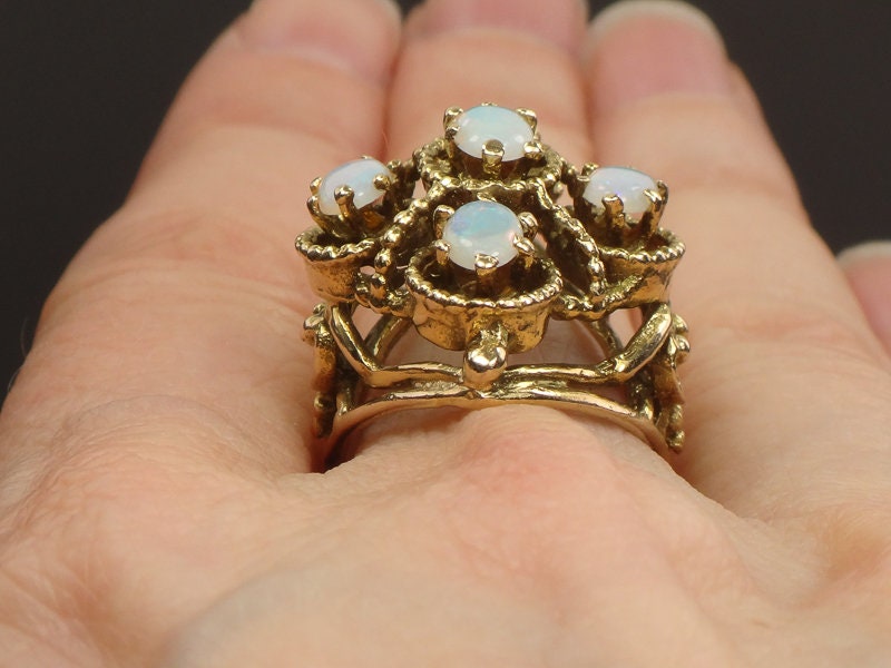 Vintage 14k Yellow Gold Natural Opal Cluster Ring, October Birthstone Size 5.5