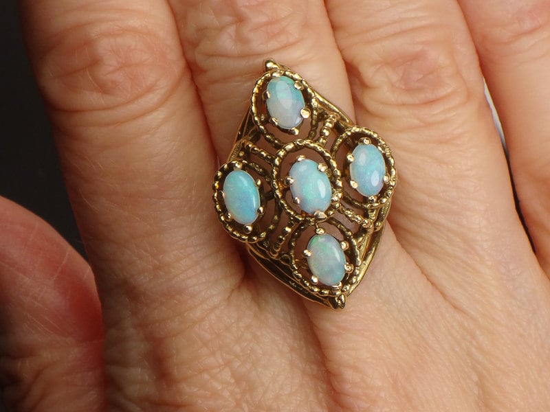 Vintage 14k Yellow Gold Natural Opal Cluster Ring, October Birthstone Size 5.5