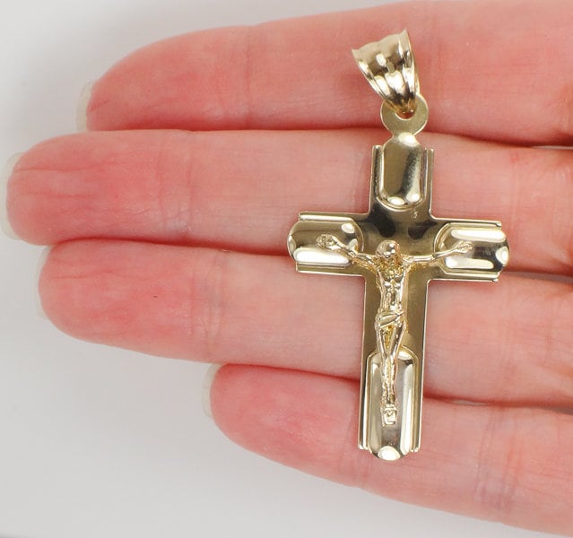 Vintage Large 14k Yellow Gold Crucifix Cross Pendant Religious Jewelry Men's Crucifix
