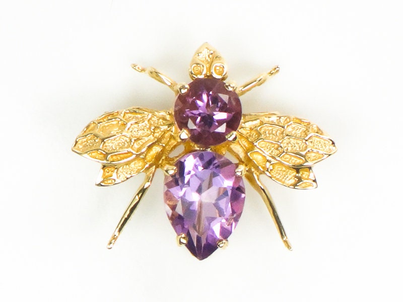 Vintage 14k Yellow Gold Natural Purple Amethyst Bee Pendant Pin February Birthstone