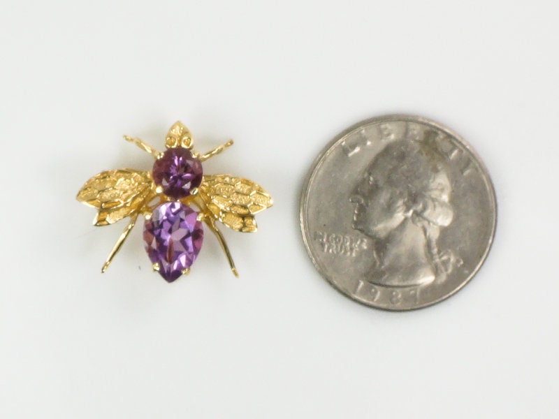 Vintage 14k Yellow Gold Natural Purple Amethyst Bee Pendant Pin February Birthstone