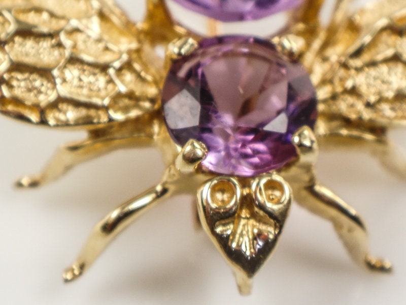 Vintage 14k Yellow Gold Natural Purple Amethyst Bee Pendant Pin February Birthstone