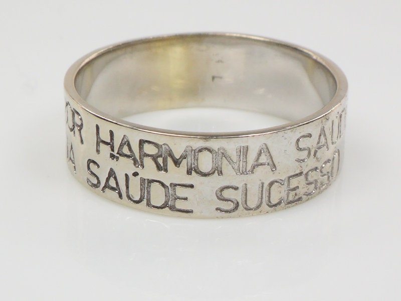 Vintage 14k White Gold Portugese Wedding Band Engraved "Paz Amour Harmonia Saude Sucesso" 6 mm Size 8.25
