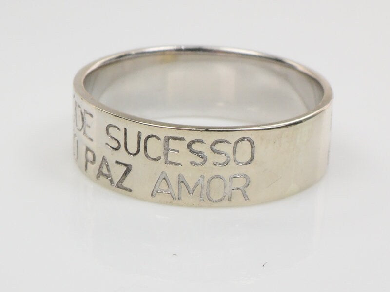 Vintage 14k White Gold Portugese Wedding Band Engraved "Paz Amour Harmonia Saude Sucesso" 6 mm Size 8.25