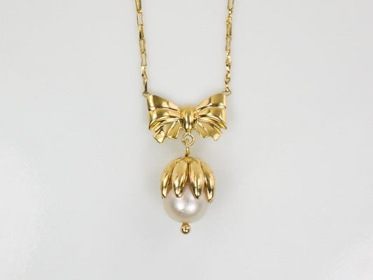 Vintage 14k Yellow Gold Saltwater Cultured Pearl and Bow Necklace Bridal Necklace 18.5"