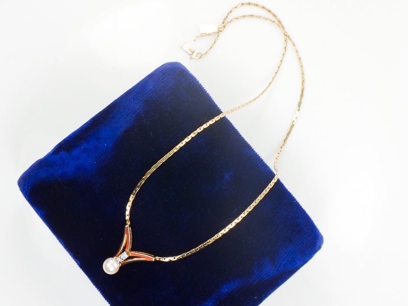 Vintage 14k Cultured Pearl Diamond V Necklace - Bridal Necklace Approx 17.5"