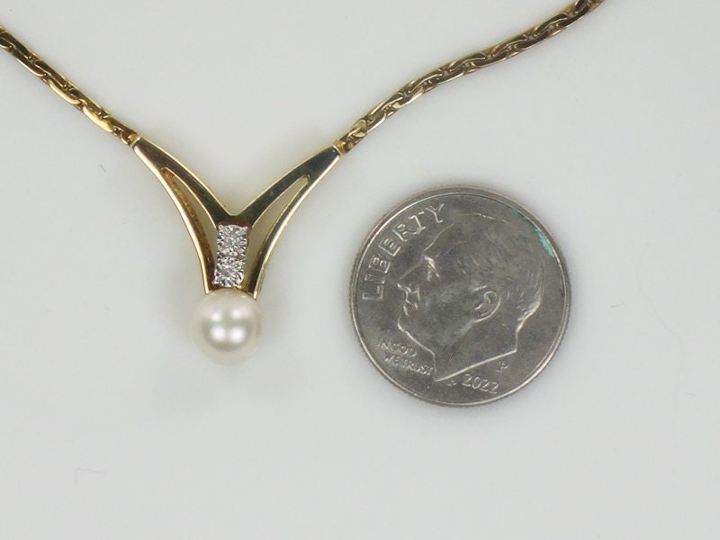 Vintage 14k Cultured Pearl Diamond V Necklace - Bridal Necklace Approx 17.5"