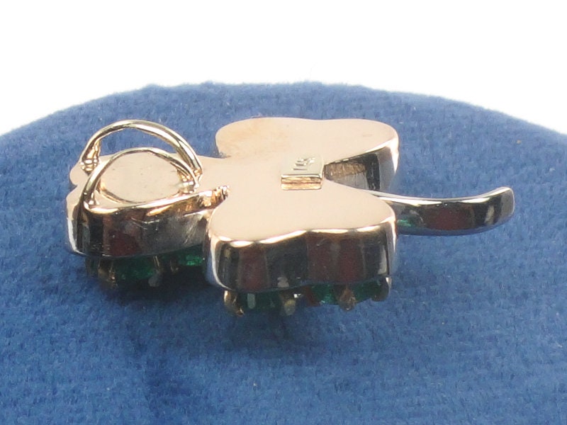 Vintage 14k Two Tone Gold Natural Diamond and Emerald Shamrock Pendant, Thee Leaf Clover Good Luck Pendant