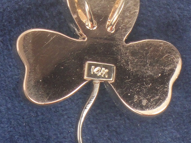 Vintage 14k Two Tone Gold Natural Diamond and Emerald Shamrock Pendant, Thee Leaf Clover Good Luck Pendant